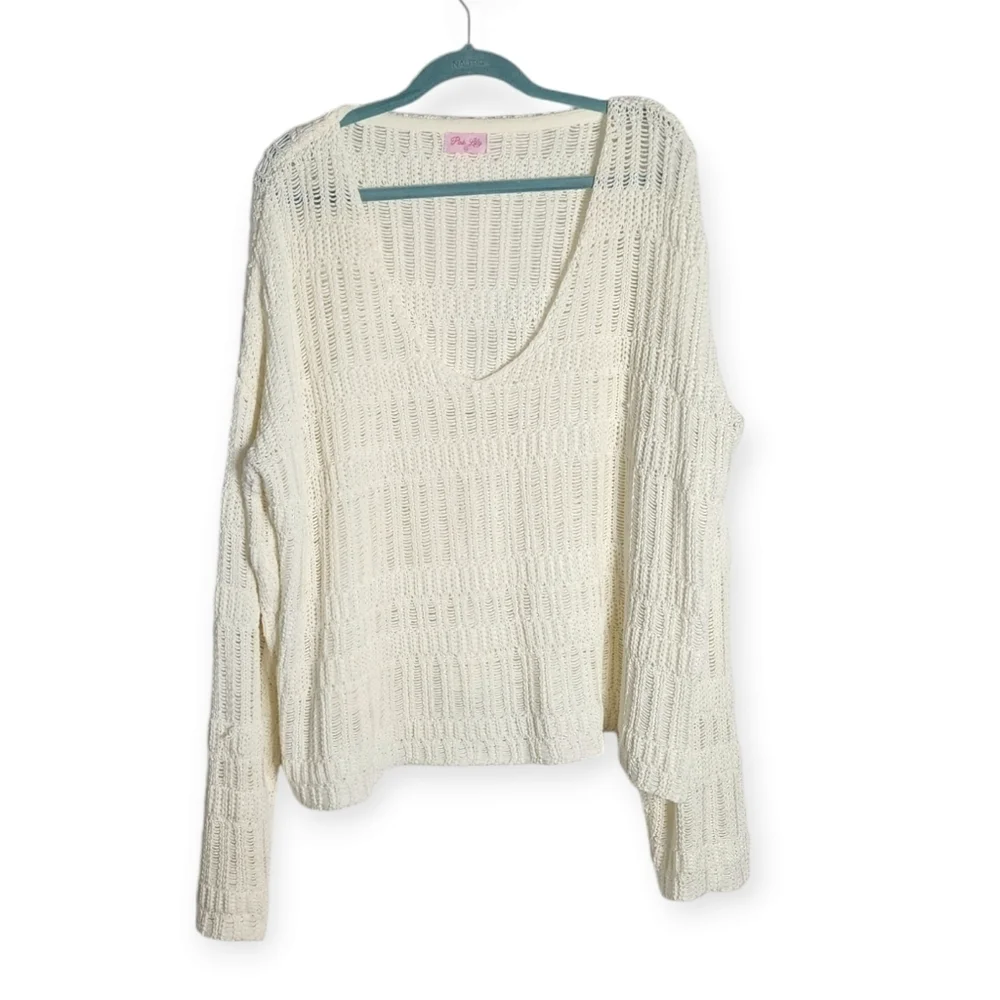 Pink Lily Women White Long Sleeve V Neck Loose Open Knit Sweater sz 2xl - Picture 2 of 6